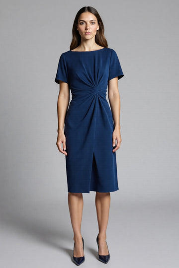 Short Sleeves Navy Bodycon Ruched Midi Work Dress